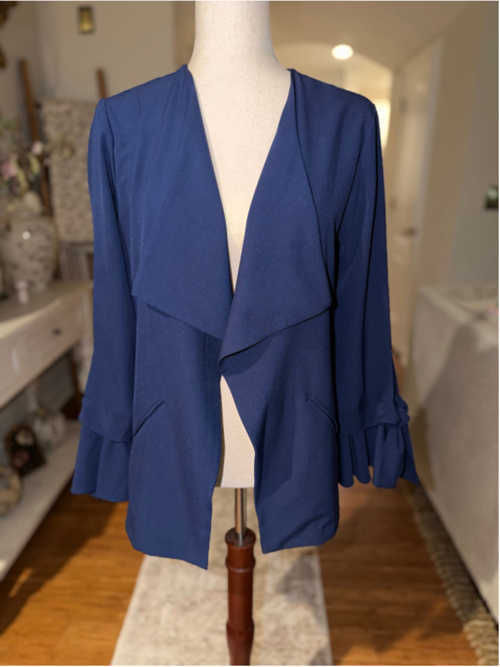 New Directions Blue Blouse with Tie-Sleeve Detail, Size M